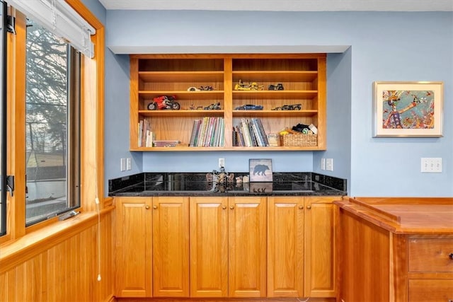 kitchen featuring wood walls and dark stone counters