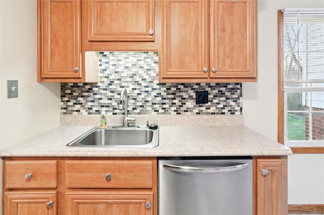 kitchen with decorative backsplash, sink, and stainless steel dishwasher