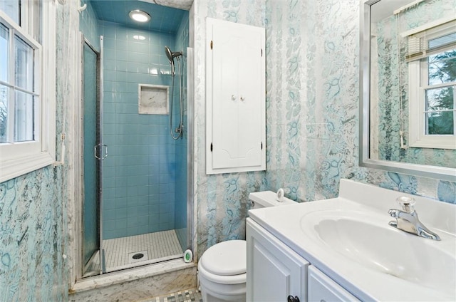 bathroom with vanity, toilet, and walk in shower