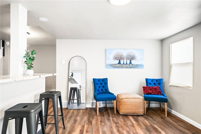 living area with a healthy amount of sunlight and dark hardwood / wood-style floors