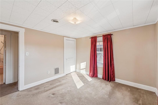 empty room featuring carpet floors and crown molding