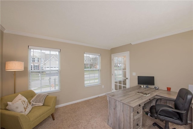 home office featuring light carpet and crown molding