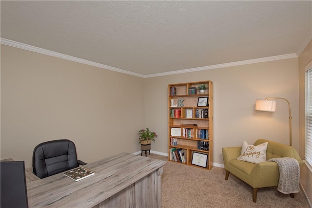 carpeted office with a textured ceiling and crown molding