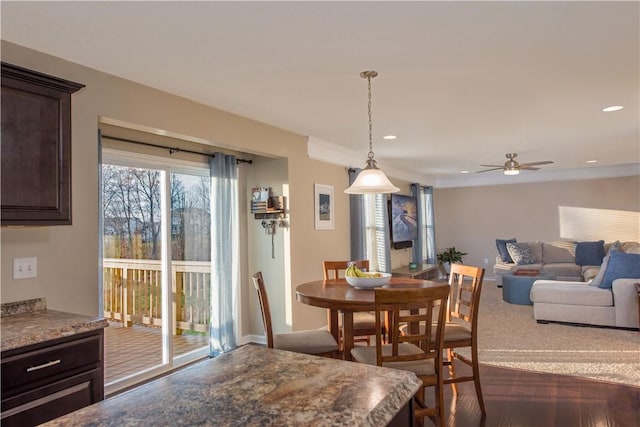 dining room with dark hardwood / wood-style floors, a wealth of natural light, and ceiling fan