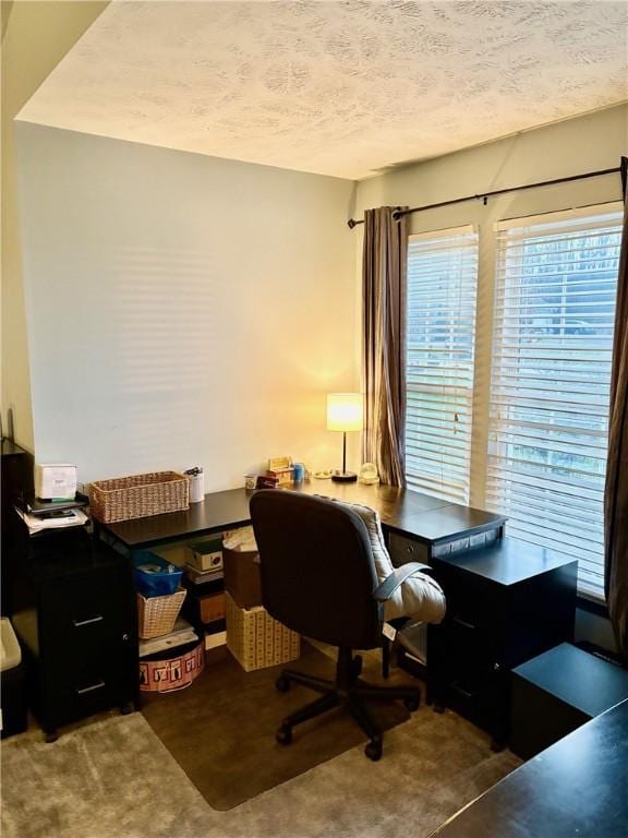 carpeted home office with a textured ceiling