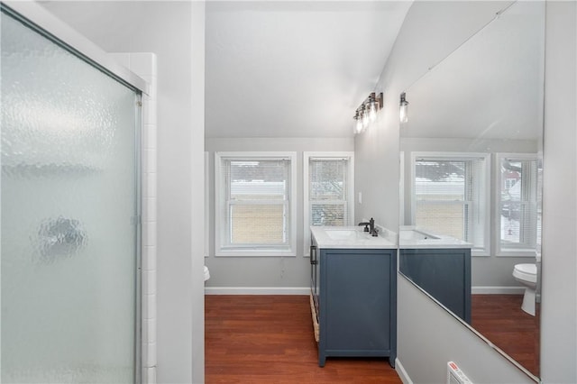 bathroom featuring vanity, hardwood / wood-style flooring, an enclosed shower, and lofted ceiling