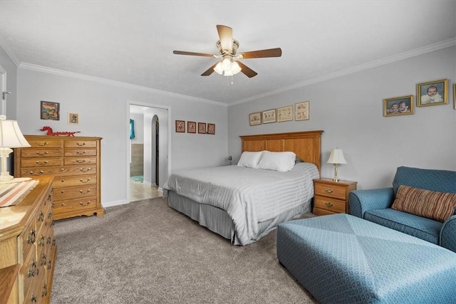 bedroom featuring light carpet, connected bathroom, ceiling fan, and ornamental molding