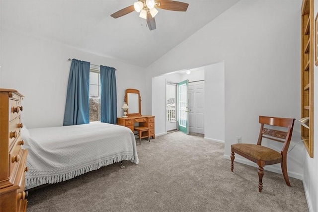 bedroom with carpet flooring, ceiling fan, and high vaulted ceiling