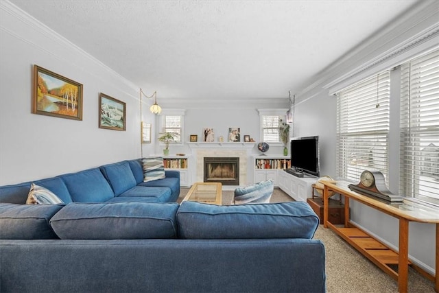 carpeted living room featuring crown molding