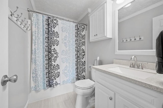 full bathroom with vanity, a textured ceiling, crown molding, shower / bathtub combination with curtain, and toilet