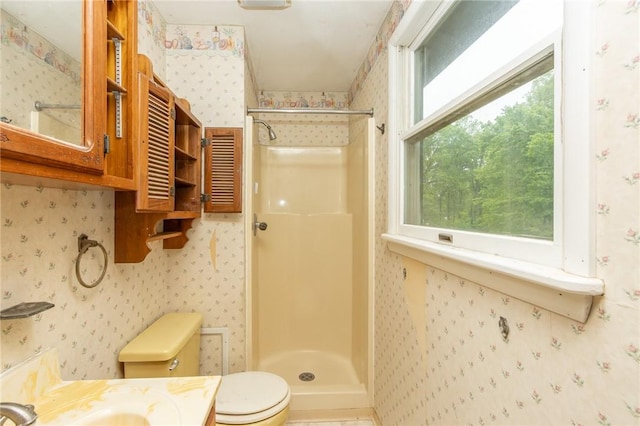 119 Deer Rd, Loyalhanna, PA 15681 - full bathroom with a stall shower, toilet, wallpapered walls, and vanity