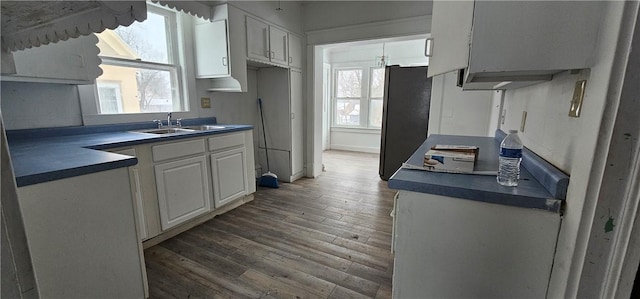 kitchen featuring sink, white cabinets, fridge, and hardwood / wood-style flooring