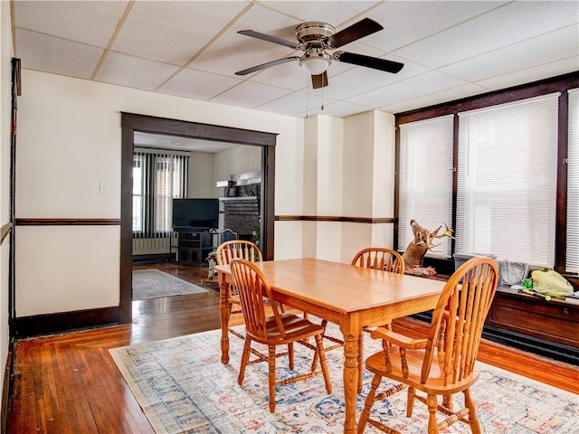 dining area featuring hardwood / wood-style floors, a drop ceiling, ceiling fan, and radiator