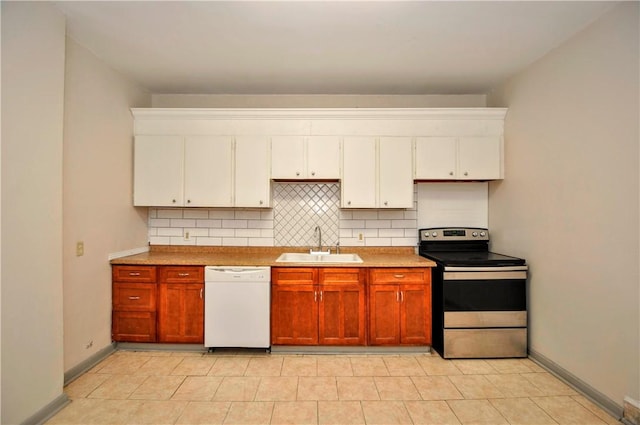 kitchen featuring white cabinetry, dishwasher, sink, backsplash, and stainless steel range with electric stovetop