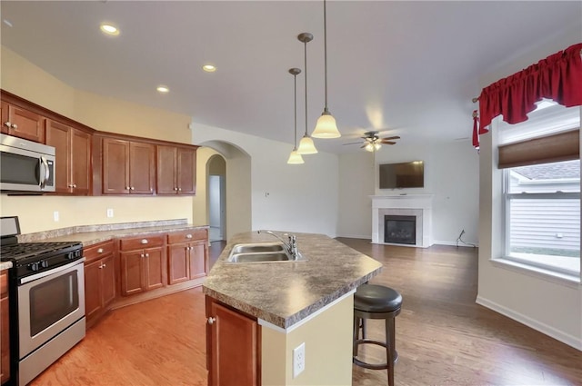 kitchen featuring appliances with stainless steel finishes, ceiling fan, sink, light hardwood / wood-style floors, and an island with sink