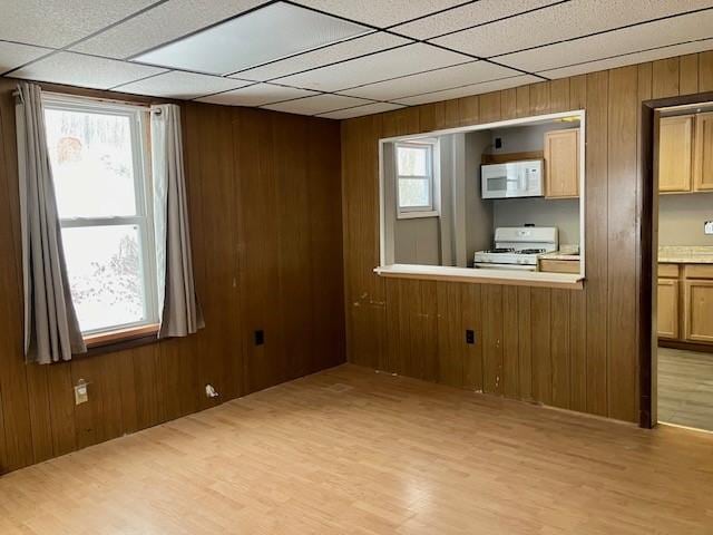 empty room featuring wood walls and light wood-type flooring