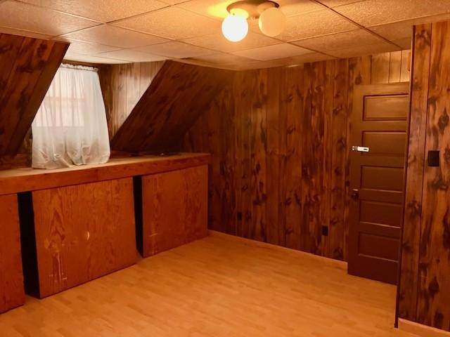 bonus room featuring light wood-type flooring and wooden walls