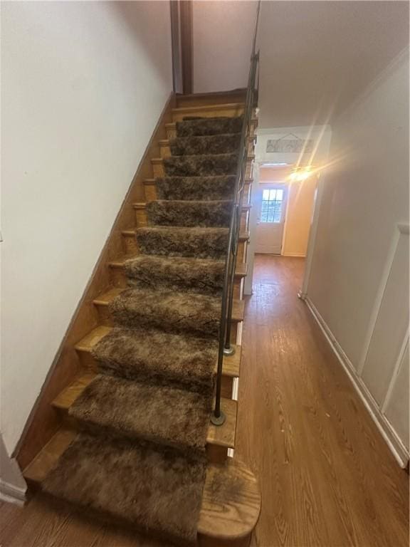 staircase featuring hardwood / wood-style flooring