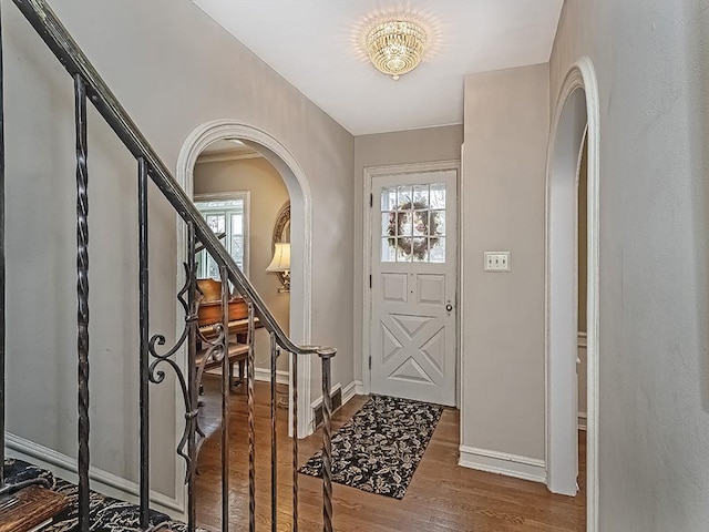 entryway with a notable chandelier, plenty of natural light, and dark wood-type flooring