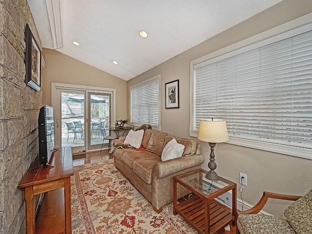 living room featuring lofted ceiling