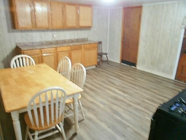 kitchen with light brown cabinets and light hardwood / wood-style flooring