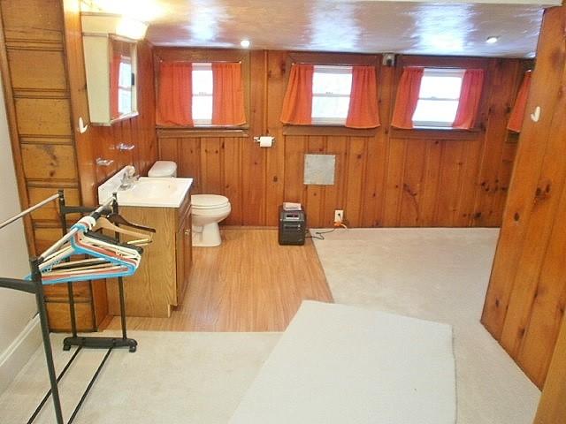 bathroom with vanity, toilet, and wood walls