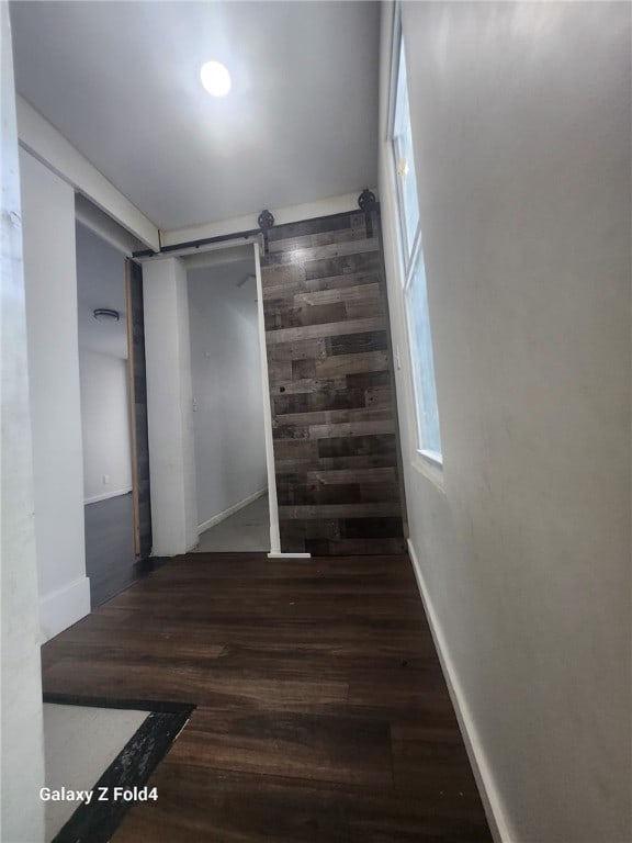 hallway with a barn door and dark wood-type flooring