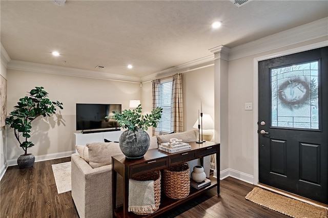 living room featuring dark hardwood / wood-style floors and ornamental molding