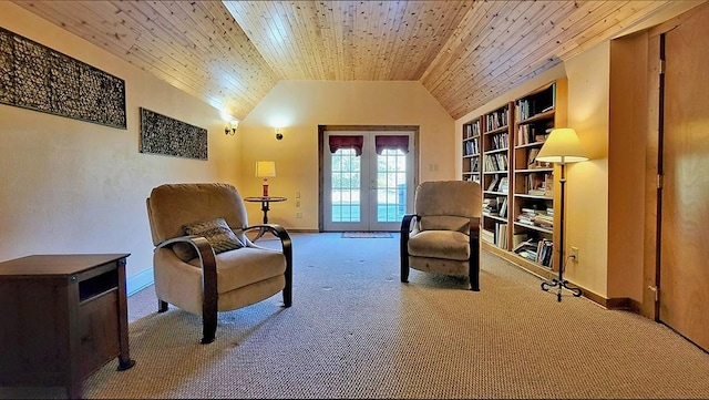 living area featuring lofted ceiling, wooden ceiling, french doors, built in features, and carpet floors