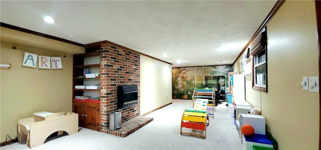 interior space featuring light colored carpet, a brick fireplace, and ornamental molding