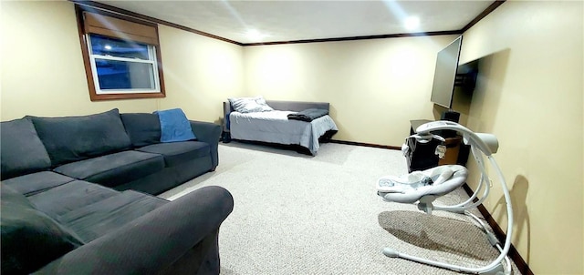 bedroom featuring crown molding and light carpet