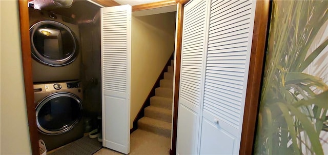 laundry room with stacked washer and dryer