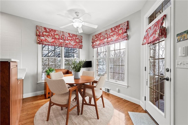 dining room featuring ceiling fan and light hardwood / wood-style floors