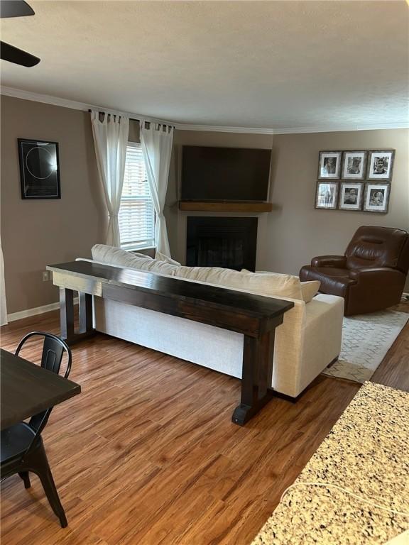 living room featuring dark hardwood / wood-style flooring, ceiling fan, and ornamental molding