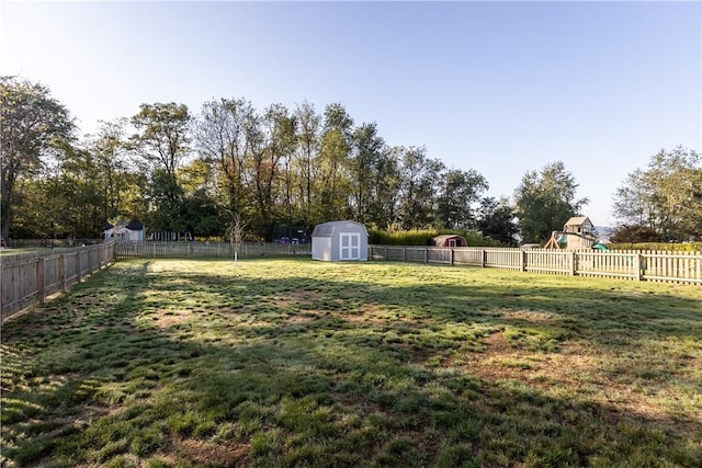 view of yard with a playground and a storage unit