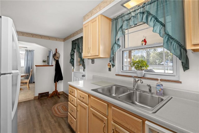 kitchen with light brown cabinetry, sink, dark wood-type flooring, and white refrigerator