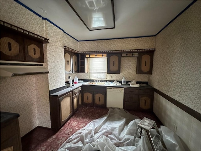 kitchen featuring crown molding, sink, white dishwasher, and dark brown cabinets