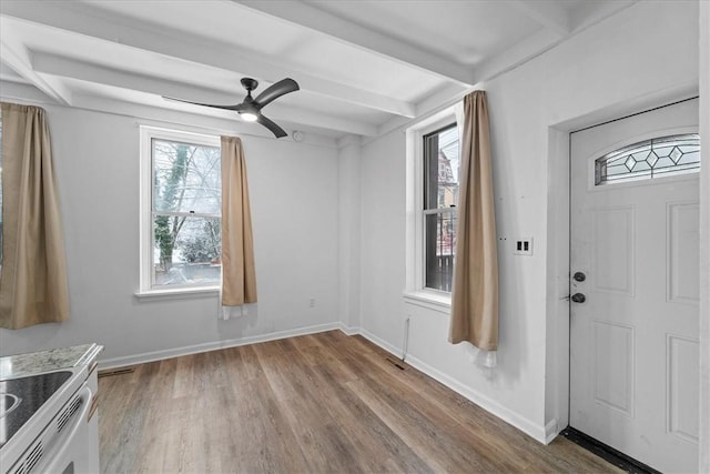 foyer entrance featuring beam ceiling, ceiling fan, and hardwood / wood-style floors