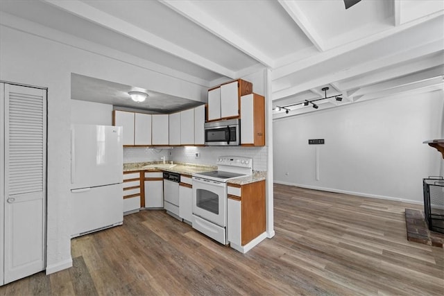 kitchen featuring tasteful backsplash, white appliances, beam ceiling, light hardwood / wood-style floors, and white cabinetry