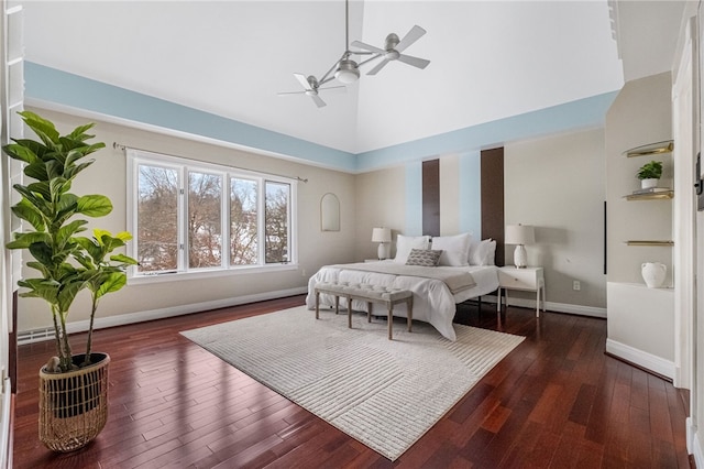 bedroom featuring ceiling fan, high vaulted ceiling, and dark wood-type flooring