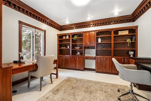 tiled home office with ornamental molding