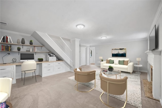 carpeted living room featuring crown molding and built in desk