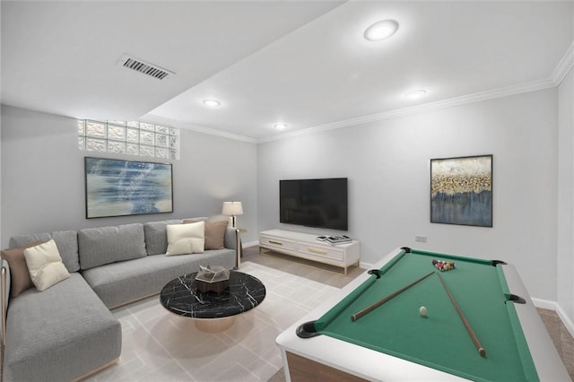 interior space featuring crown molding, carpet floors, and pool table