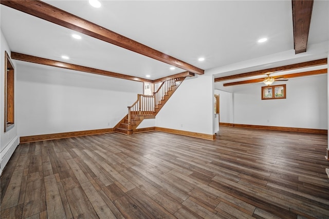 interior space featuring hardwood / wood-style flooring, ceiling fan, and beam ceiling