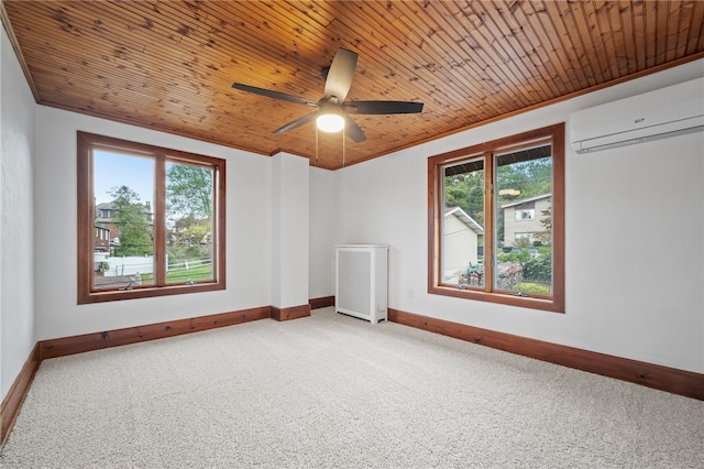 unfurnished room with carpet, plenty of natural light, a wall mounted AC, and wooden ceiling