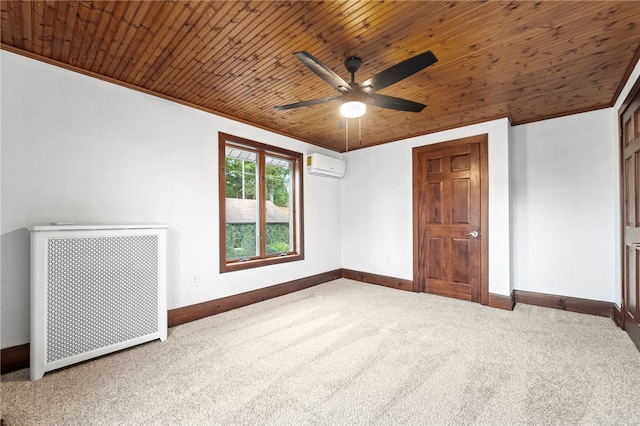 unfurnished bedroom with carpet flooring, a wall mounted AC, ceiling fan, wooden ceiling, and radiator heating unit