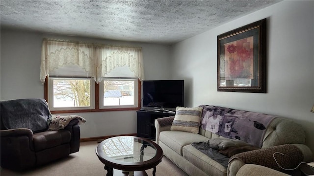 carpeted living room with a textured ceiling