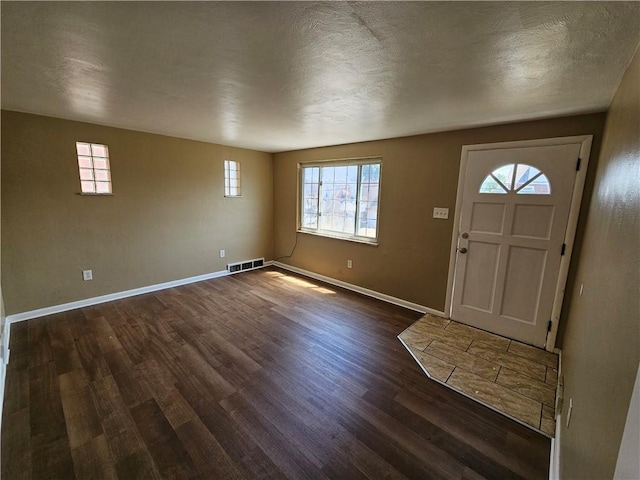 foyer with a textured ceiling, dark hardwood / wood-style floors, and plenty of natural light