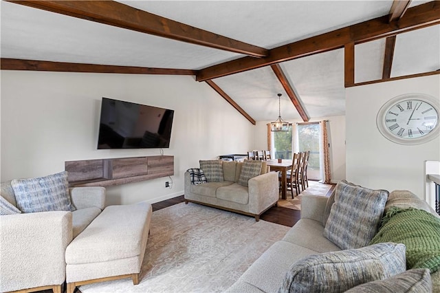 living room with vaulted ceiling with beams, light hardwood / wood-style floors, and an inviting chandelier