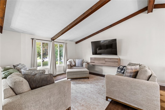 living room with lofted ceiling with beams and wood-type flooring